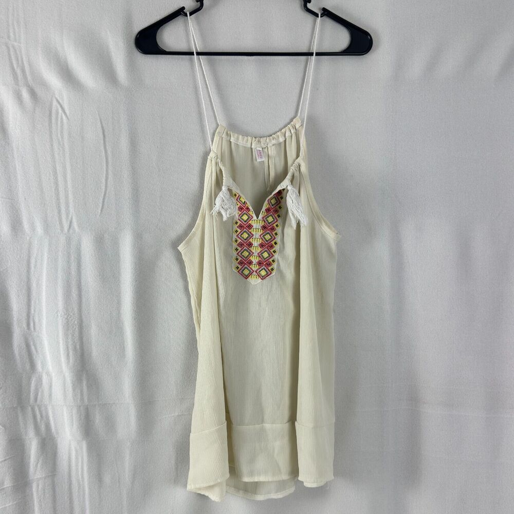 Overmal Womens Size M V Neck Embroidered Tassel Sleeveless Tank Top Cream Shirt